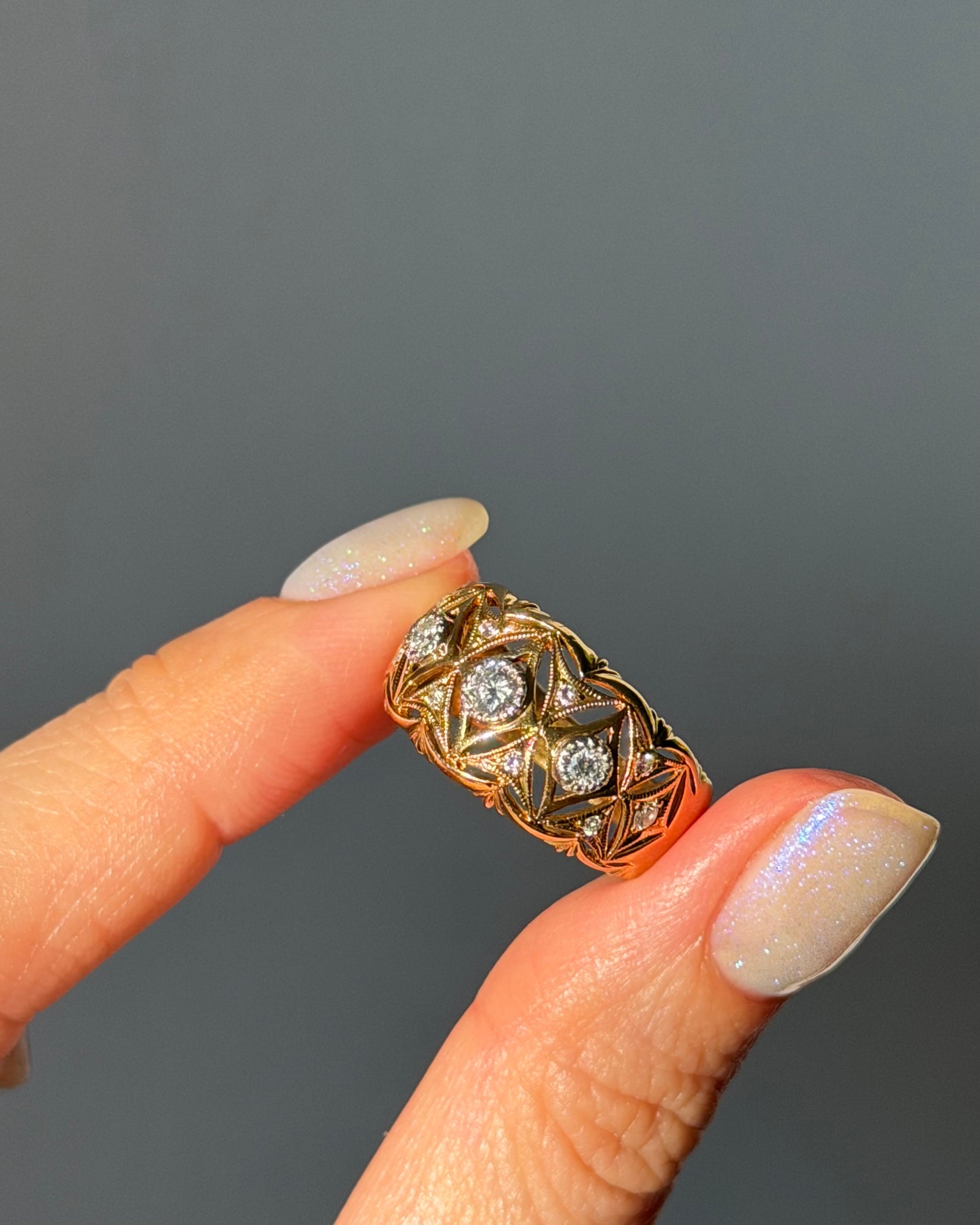 Vintage 18k Gold Open-Work Milgrain Detail Bezel Set Diamond Dome Bombe Ring