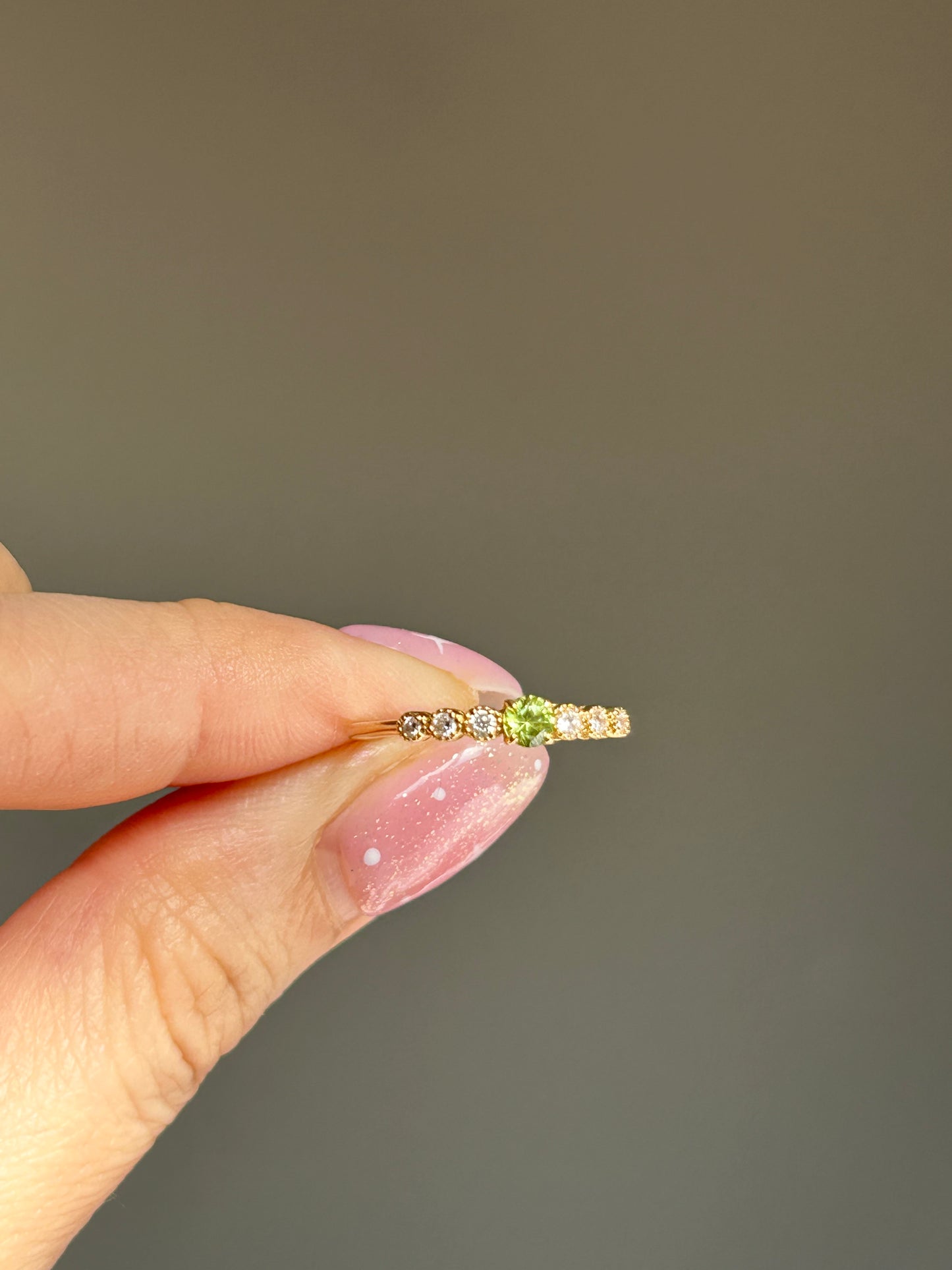Modern Pre-loved 18k Demantoid Green Garnet and Diamond Ring - Dainty Stacking Band