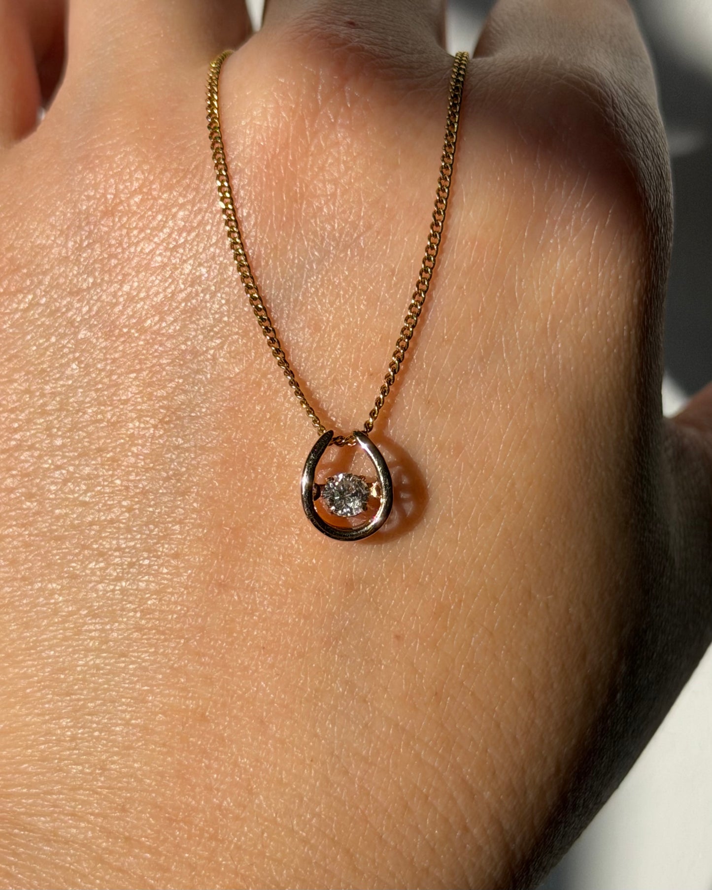 Dainty Vintage 18k Rose Gold Suspended Champagne Diamond Horseshoe Charm Pendant