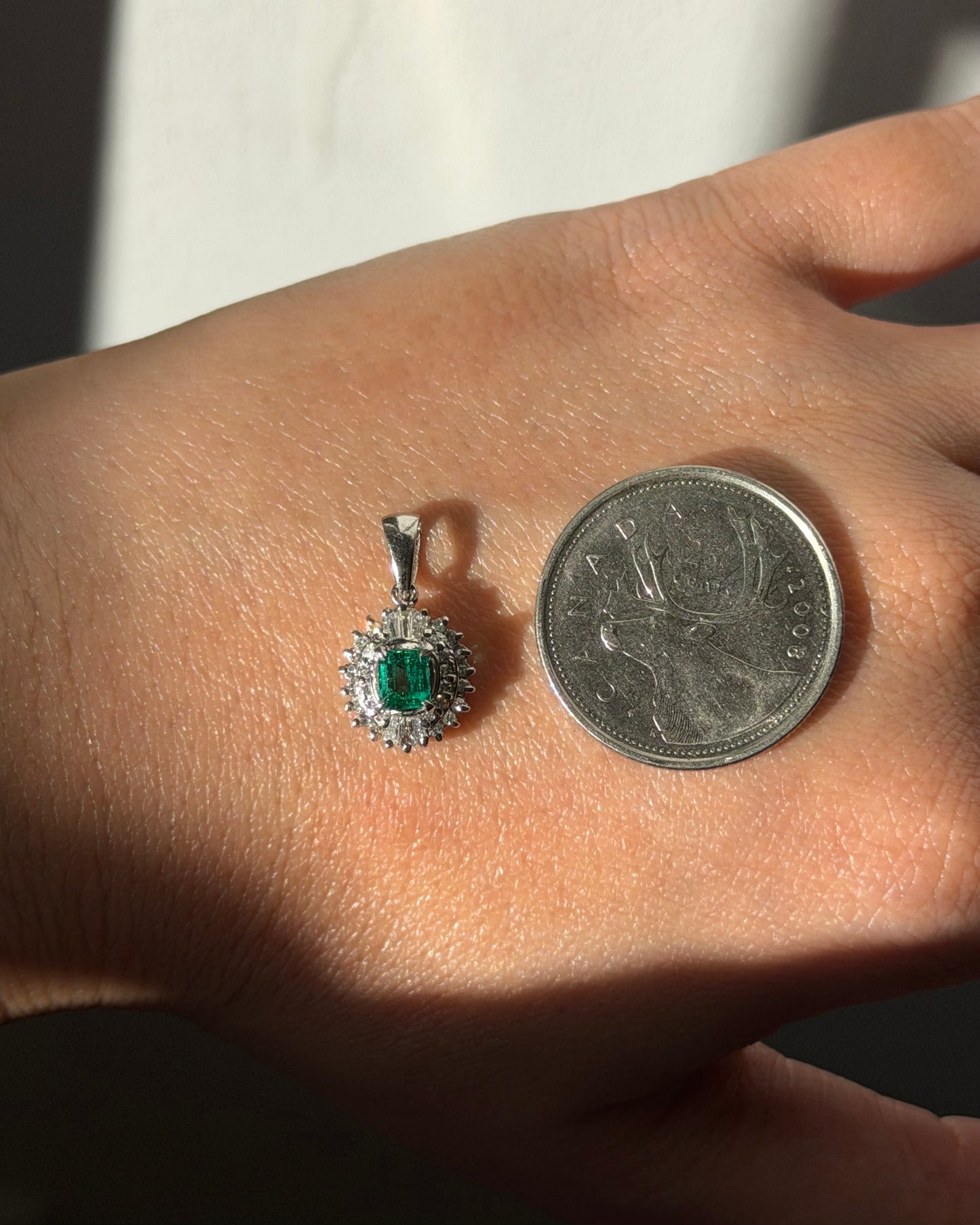 Vintage Platinum Emerald Diamond  Halo Pendant