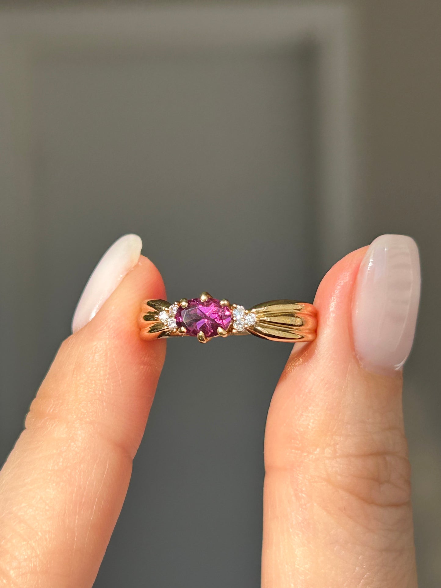 Vintage 18k Gold Rhodolite Garnet Ring with Diamond Accents, by Japanese designer Tasaki