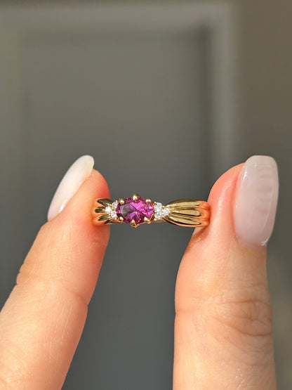 Vintage 18k Gold Rhodolite Garnet Ring with Diamond Accents, by Japanese designer Tasaki