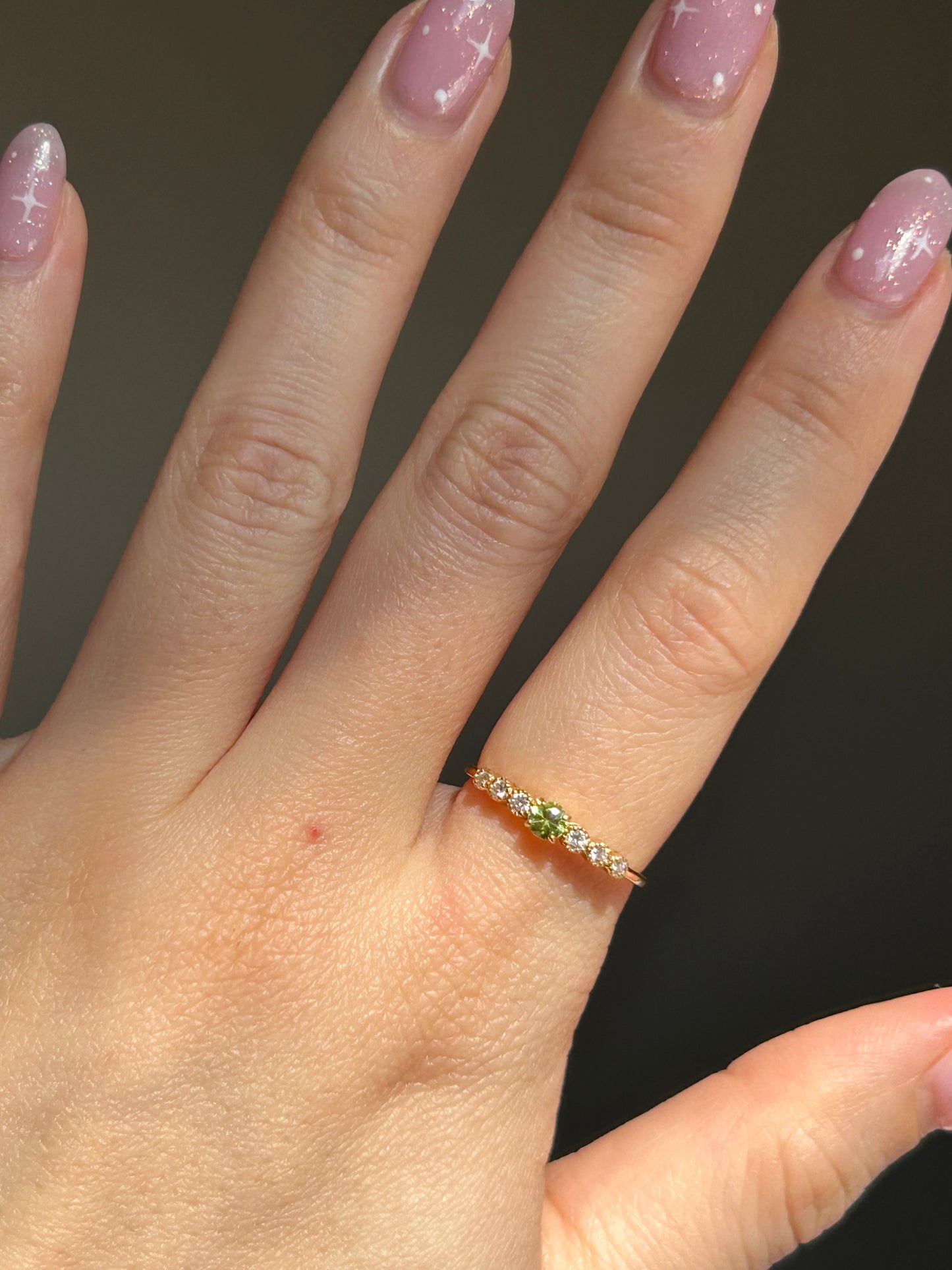 Modern Pre-loved 18k Demantoid Green Garnet and Diamond Ring - Dainty Stacking Band