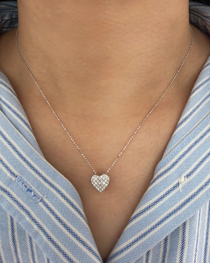 Vintage 18k White Gold Invisible Set Diamond Heart Necklace