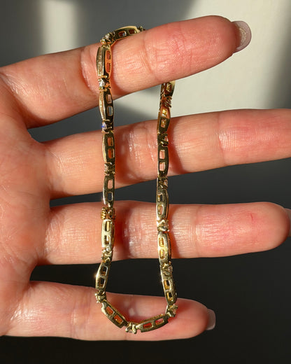 Vintage 18k Gold Baguette and Round Diamond Scalloped Edge Tennis Bracelet