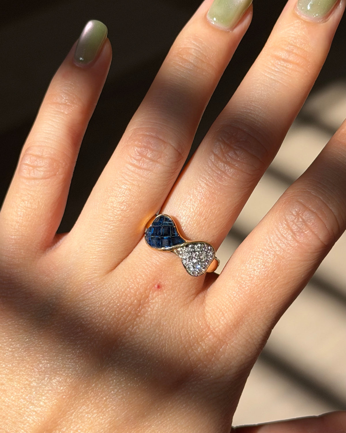 Vintage 18k Gold Invisible Set Sapphire and Pave Diamond Half & Half Bow Ring