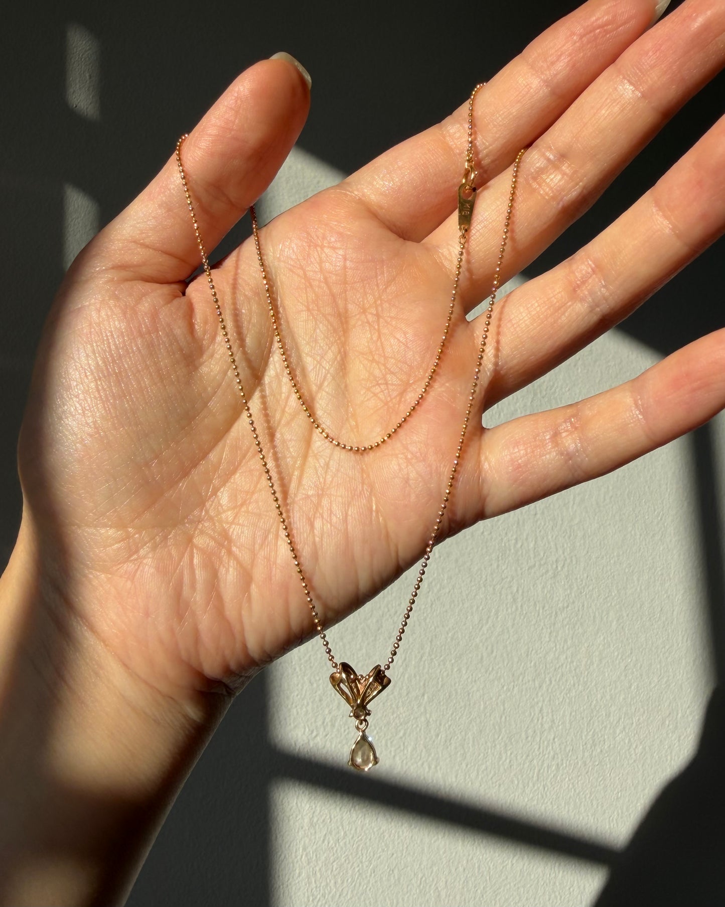 Vintage 18k Gold Baguette and Center Pear Diamond Bow Motif Ball Chain Necklace