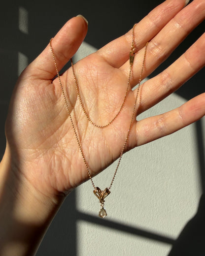 Vintage 18k Gold Baguette and Center Pear Diamond Bow Motif Ball Chain Necklace