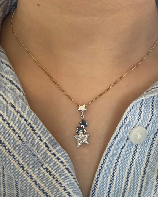 Vintage 18k White Gold Celestial Motif Star Drop Diamond Pave Pendant