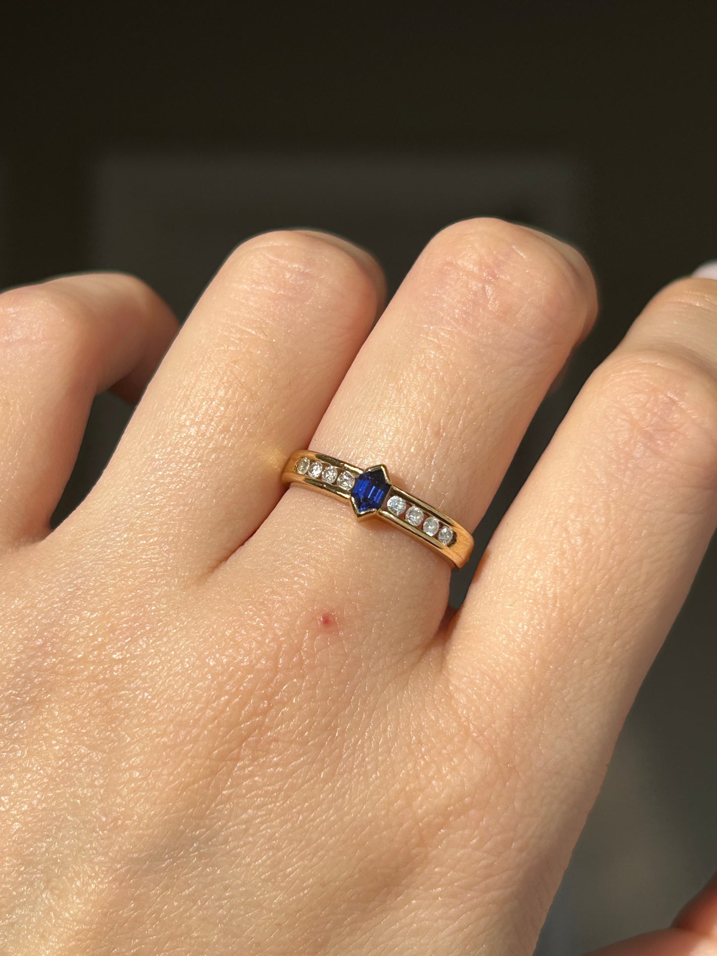 Vintage 18k Shield Step Cut Blue Sapphire Ring with Channel Set Diamonds