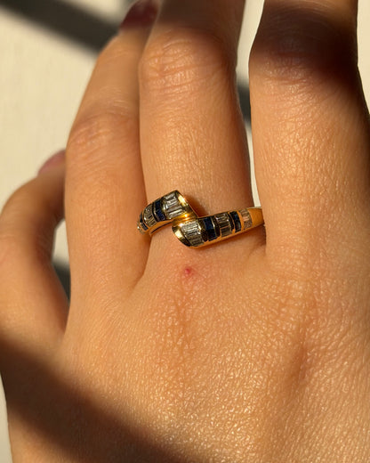 Vintage 18k Gold East-West Baguette Diamond and Sapphire Bypass Ring
