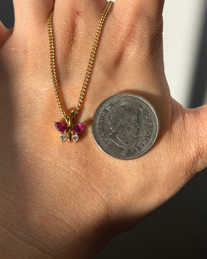 Dainty Vintage 18k Gold Ruby Marquise and Diamond Butterfly Motif Charm Pendant