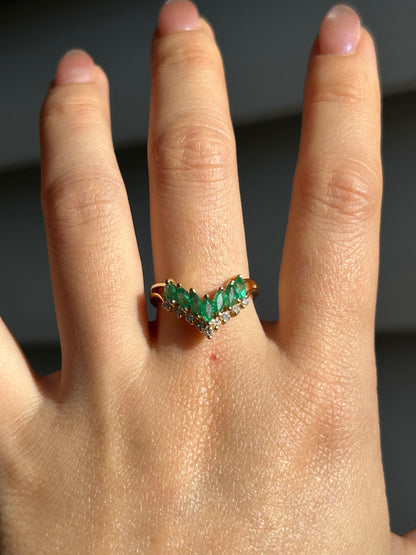 Vintage 18k Emerald Marquise and Diamond Chevron Ring: US Size 6