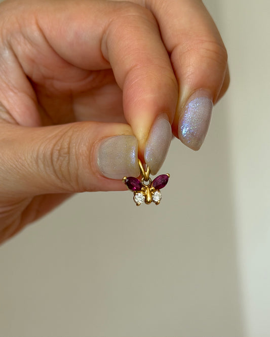 Dainty Vintage 18k Gold Ruby Marquise and Diamond Butterfly Motif Charm Pendant