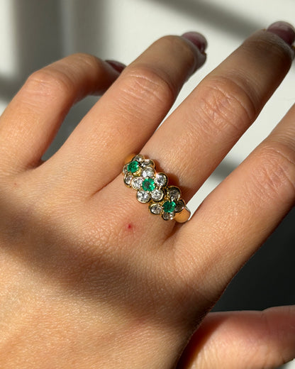 Vintage 18k Gold Emerald and Diamond Three Flower Band