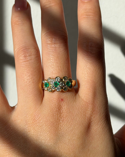 Vintage 18k Gold Emerald and Diamond Three Flower Band