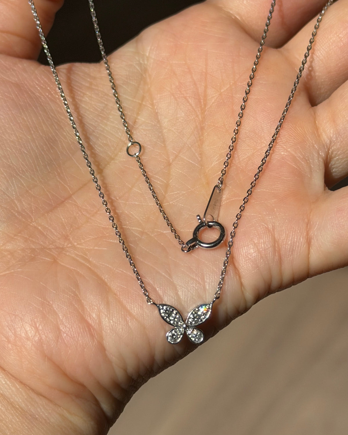 Vintage 18k White Gold Pave Diamond Butterfly Necklace