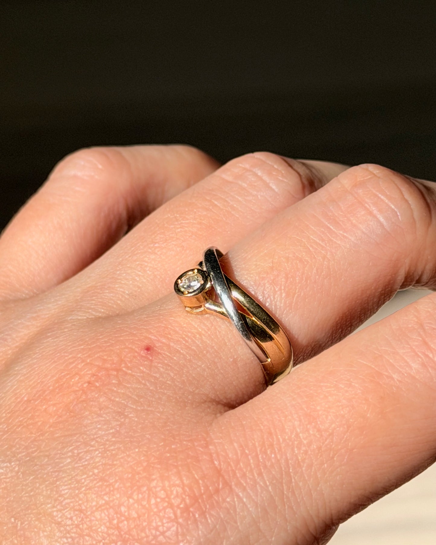 Vintage 18k Gold and Platinum Bezel Set Diamond Crossover Ring