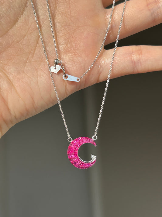 Vintage 18k White Gold Invisible Set Ruby Crescent Pendant Chain