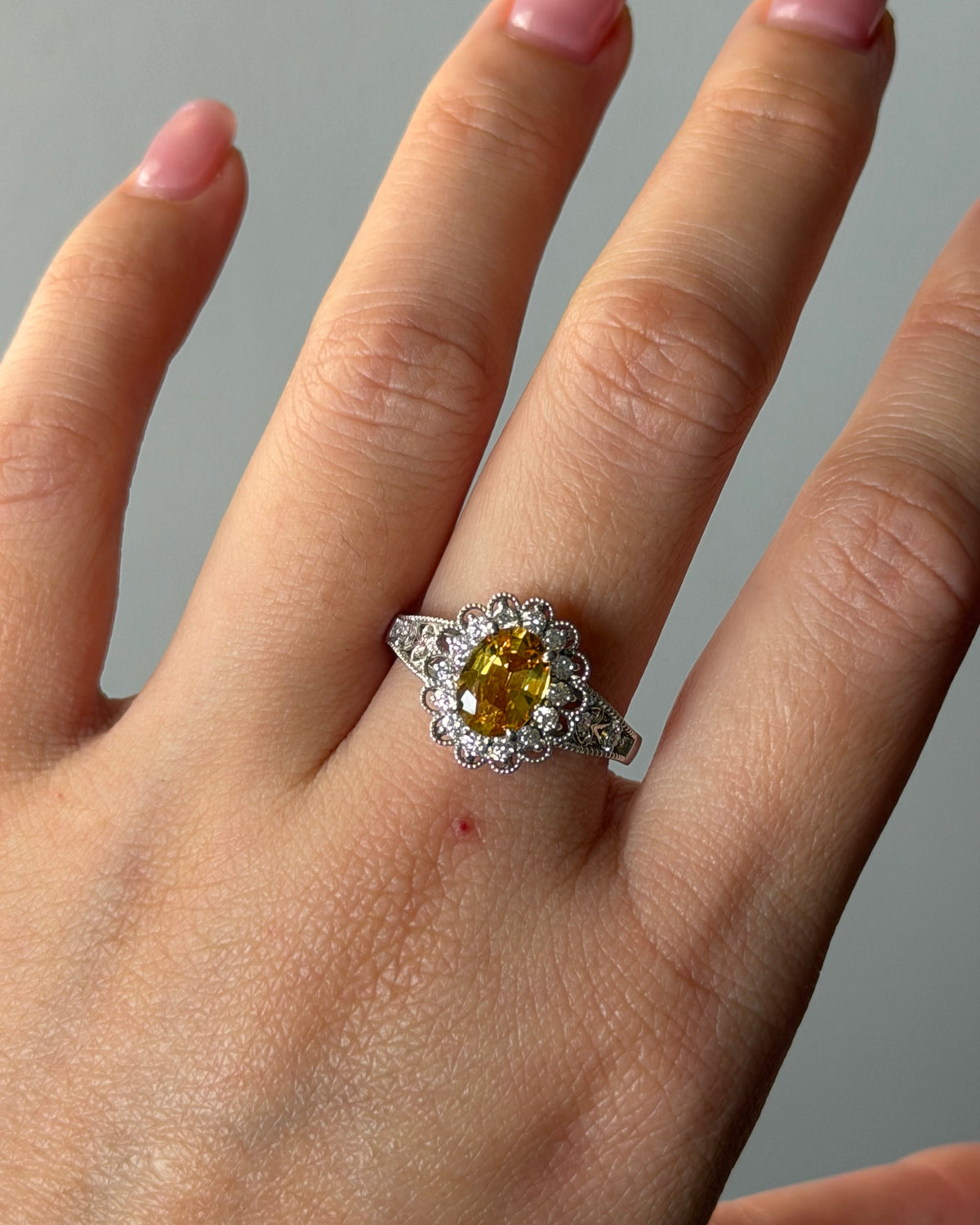 Vintage Platinum Yellow Oval Sapphire Diamond Halo Flower Ring