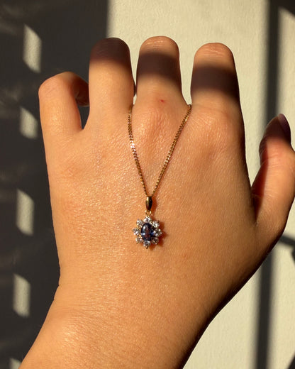 Vintage 18k Gold Medium Blue Oval Sapphire Diamond Halo Pendant