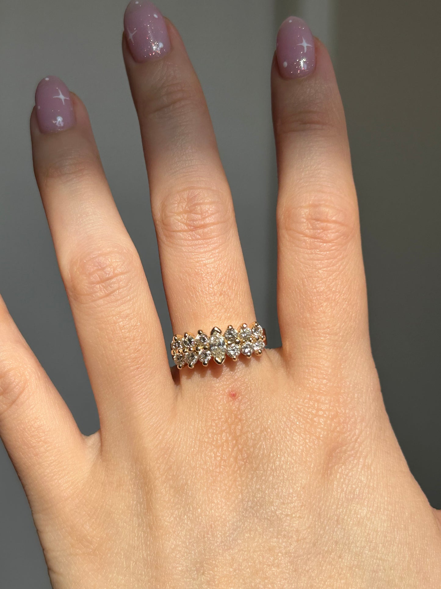 Vintage 14k Gold Center Yellow Marquise Double Row Diamond Ring