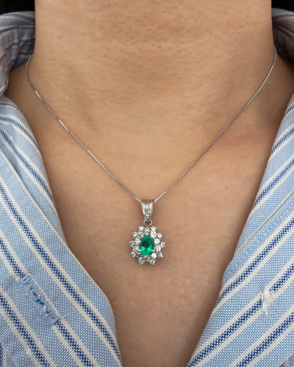 Vintage Platinum Pear Cut Emerald Double Diamond Halo Pendant