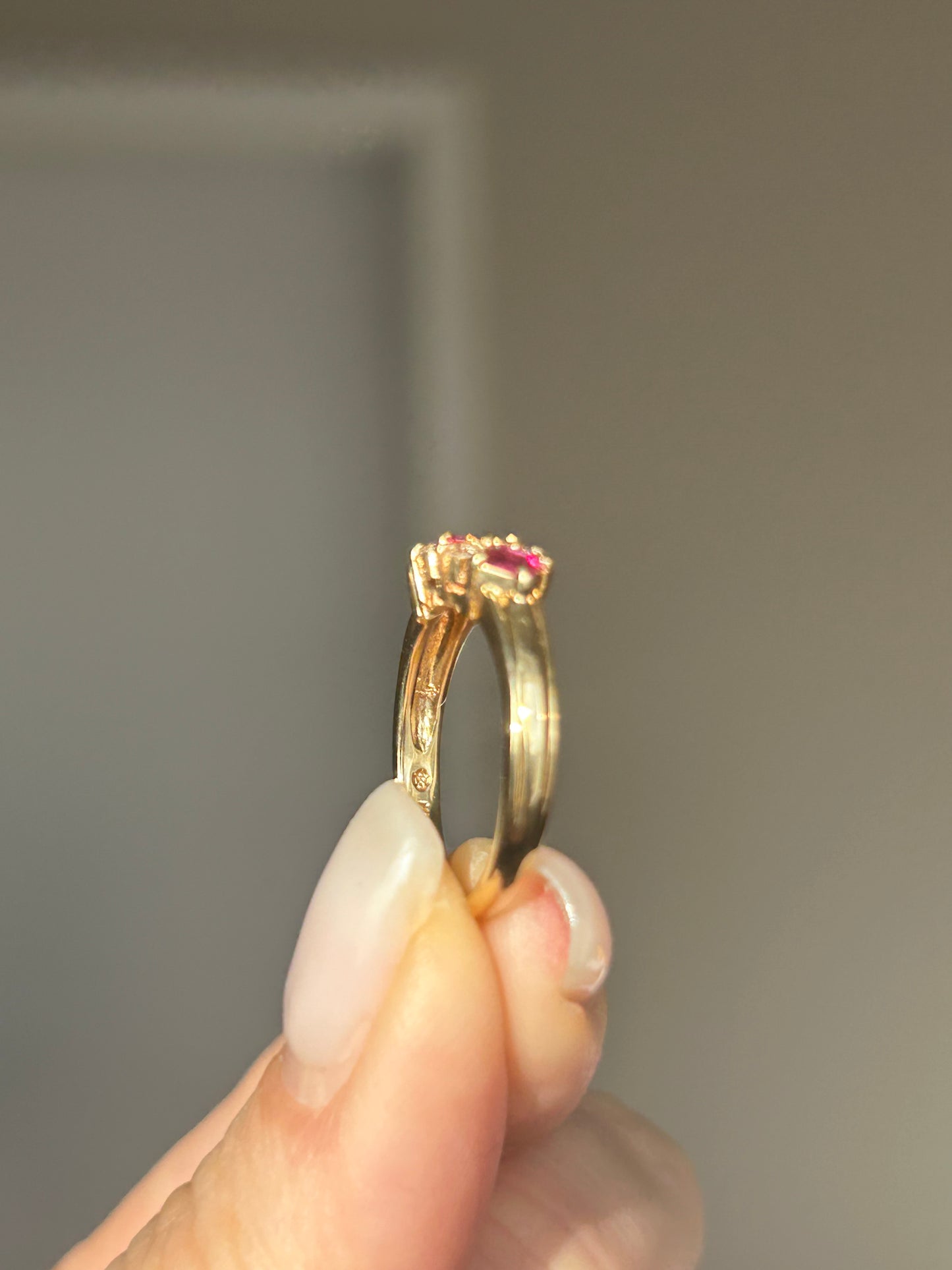Vintage 18k Gold Square Cut Ruby and Diamond Stacking Ring