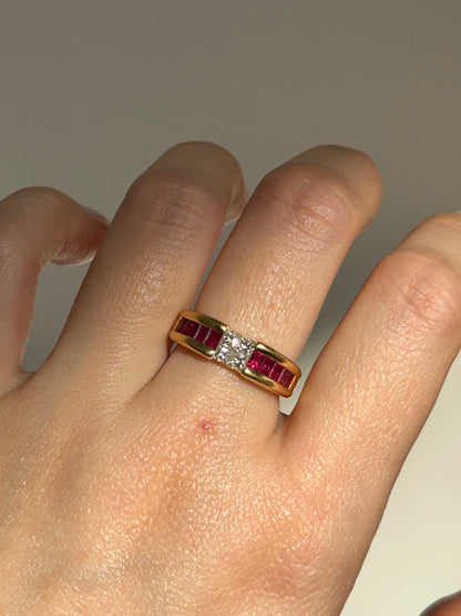 Vintage 18k Gold Center Princess Cut Diamond Ring with Channel Set Baguette Rubies