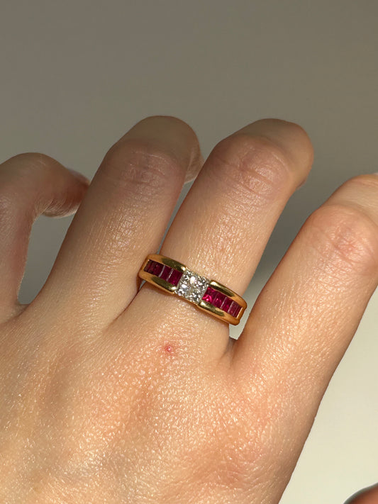 Vintage 18k Gold Center Princess Cut Diamond Ring with Channel Set Baguette Rubies