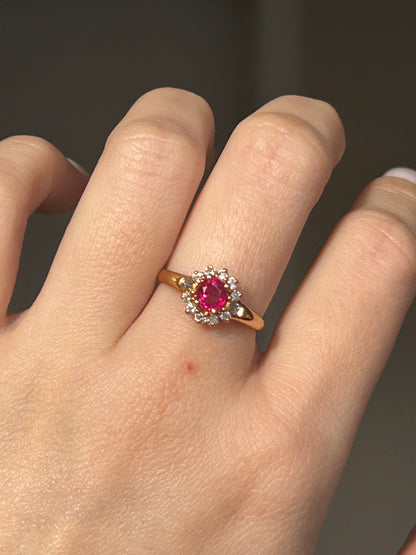 Vintage 18k Gold Center Ruby Diamond Halo Ring