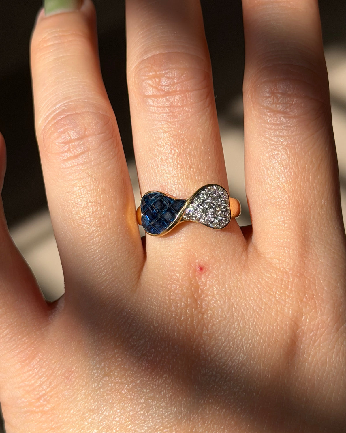 Vintage 18k Gold Invisible Set Sapphire and Pave Diamond Half & Half Bow Ring