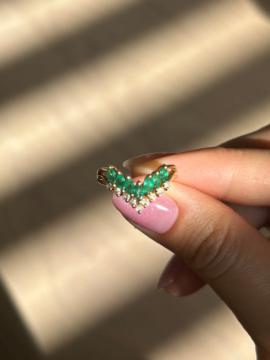 Vintage 18k Emerald Marquise and Diamond Chevron Ring: US Size 6