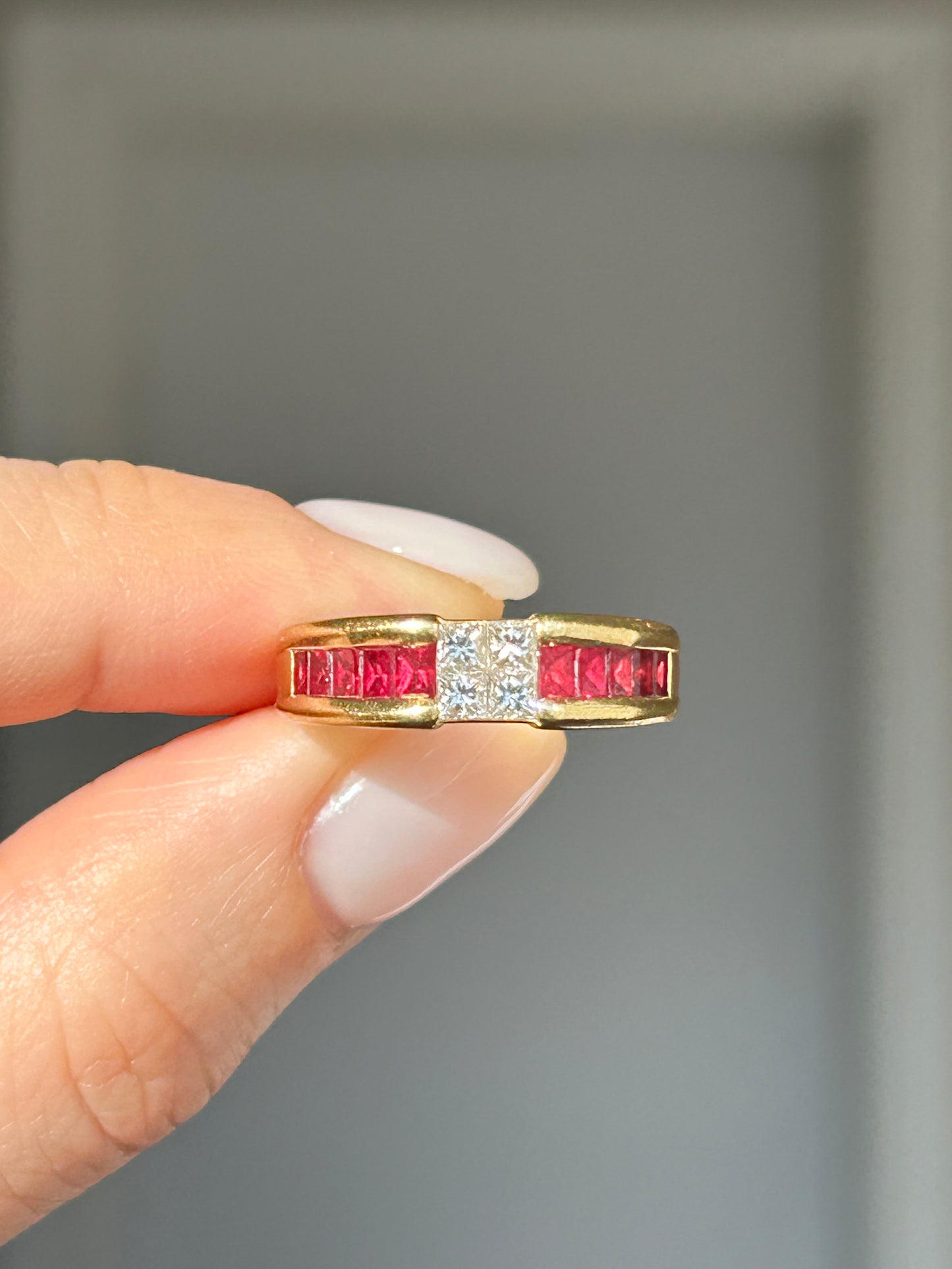 Vintage 18k Gold Center Princess Cut Diamond Ring with Channel Set Baguette Rubies