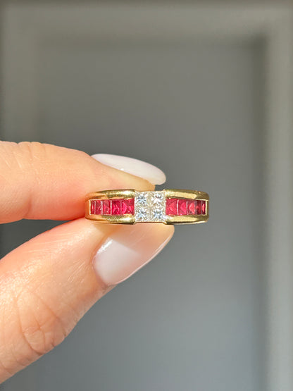 Vintage 18k Gold Center Princess Cut Diamond Ring with Channel Set Baguette Rubies