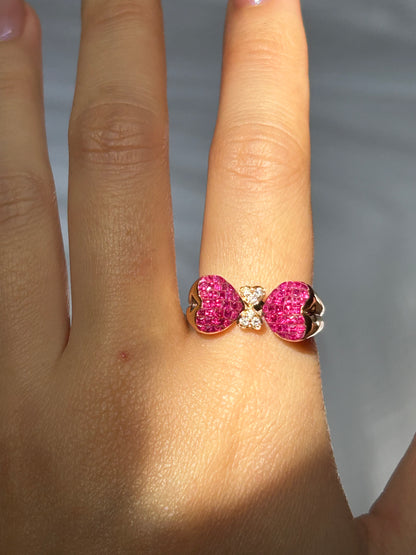 Vintage 18k Invisible Set Ruby Heart-Winged Butterfly Ring: Size 6.75