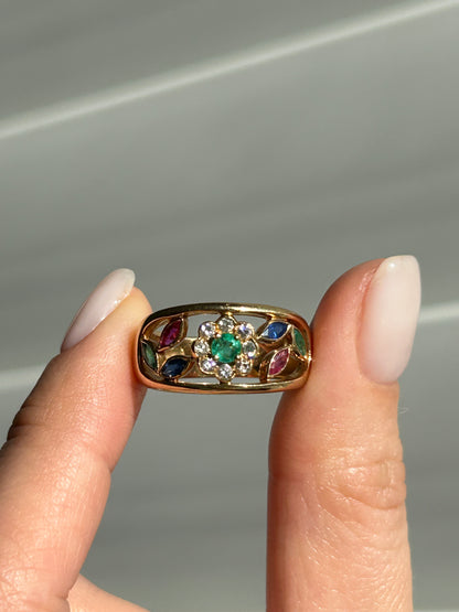 Vintage 18k Gold Givenchy Diamond and Gemstones Flower Ring