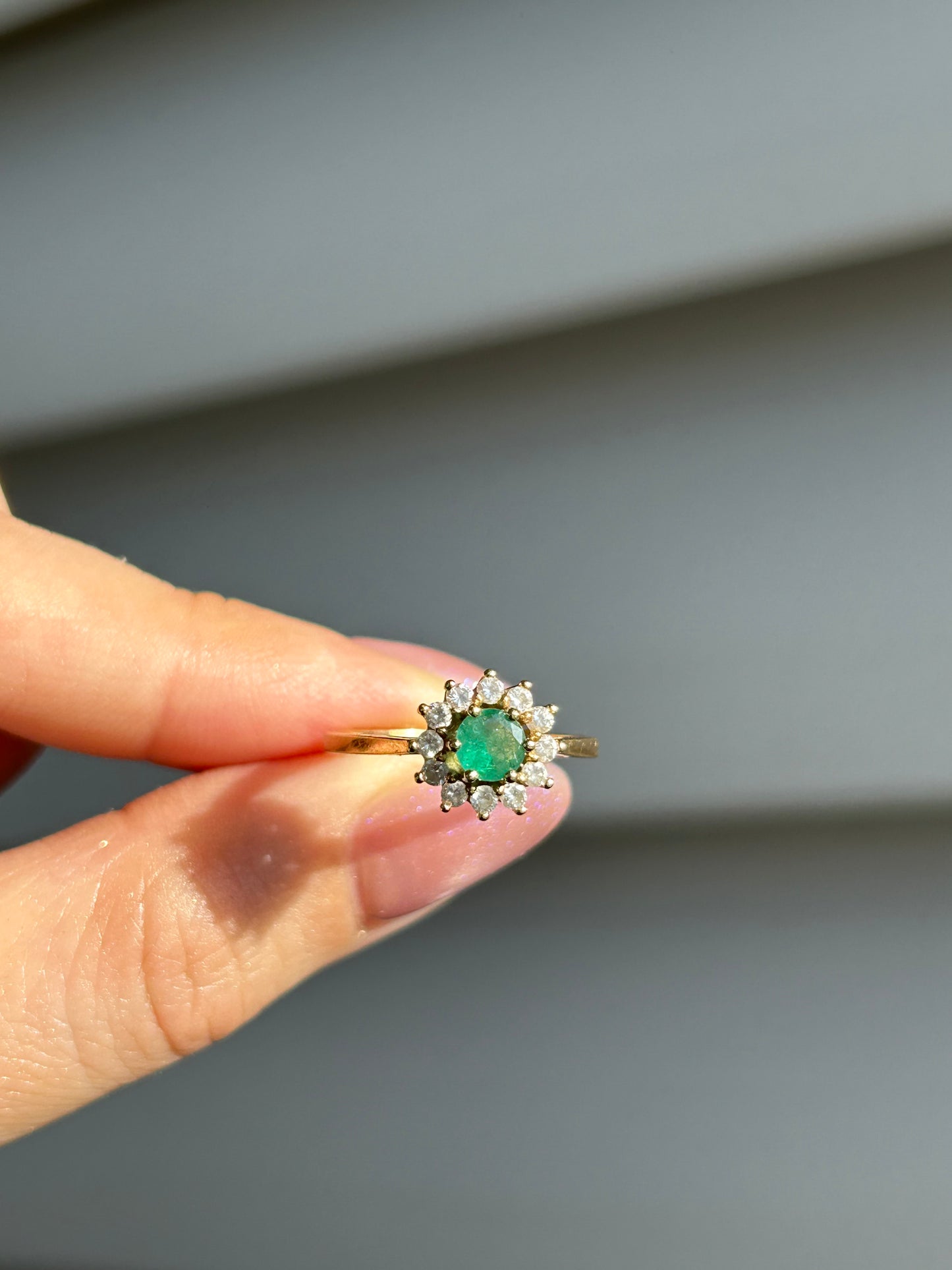 Vintage 18k Round Emerald Diamond Halo Ring