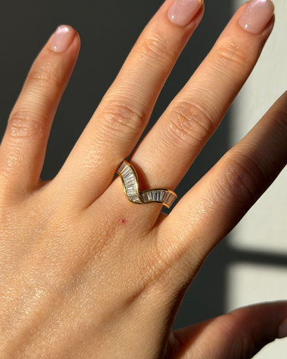 Vintage 18k Gold Channel Set Baguette Diamond Chevron Curved Ring