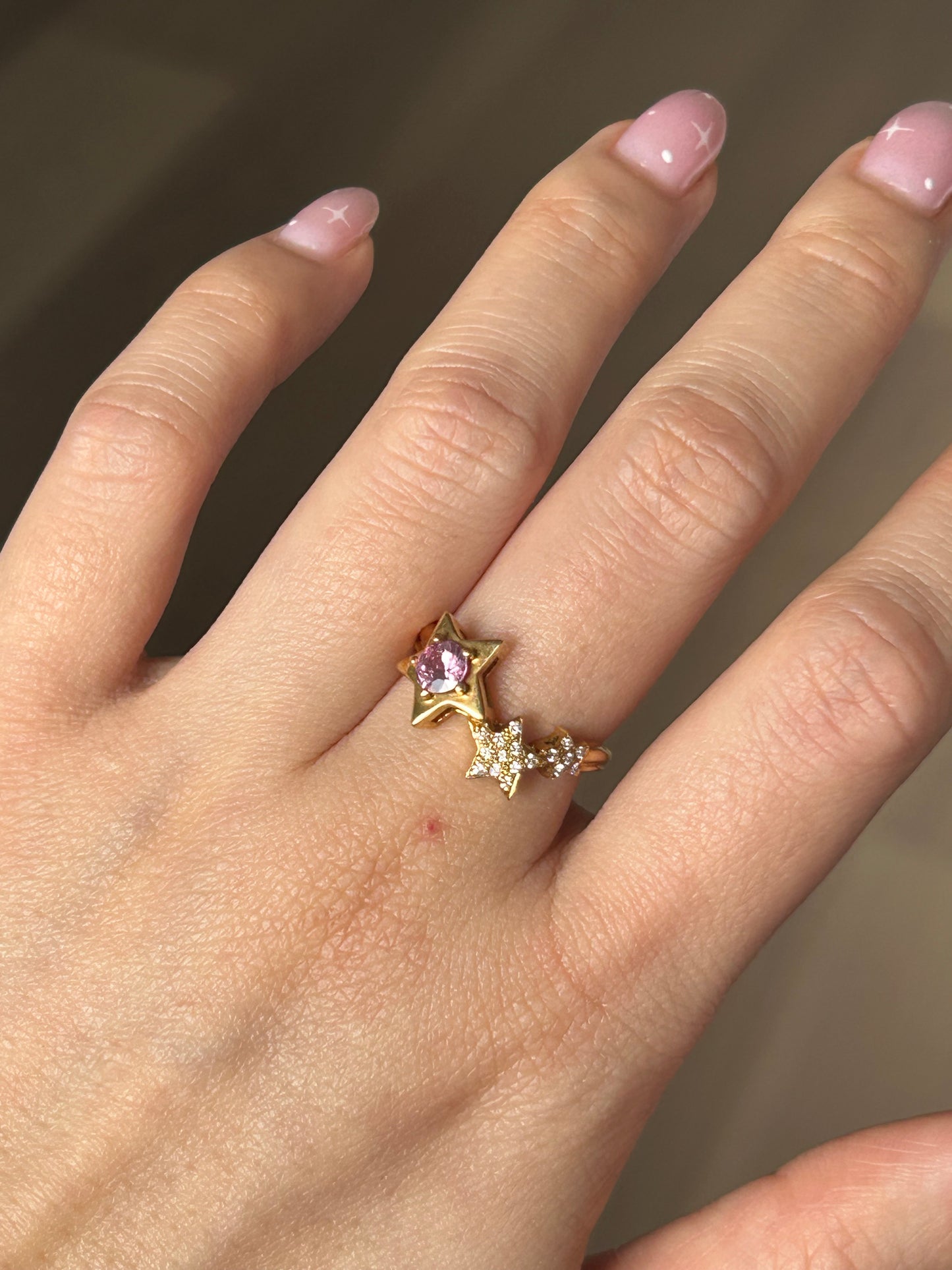 Vintage 18k Gold Pink Sapphire & Diamond Star Celestial Ring - Size 5.25