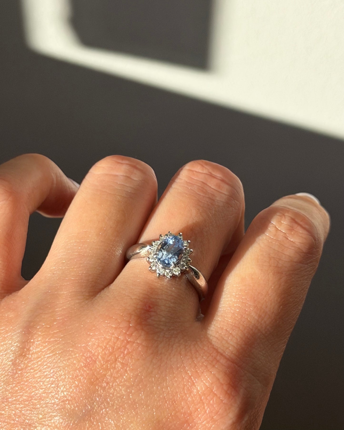 Vintage Platinum Icy Light Blue Oval Sapphire With Diamond Halo Ring
