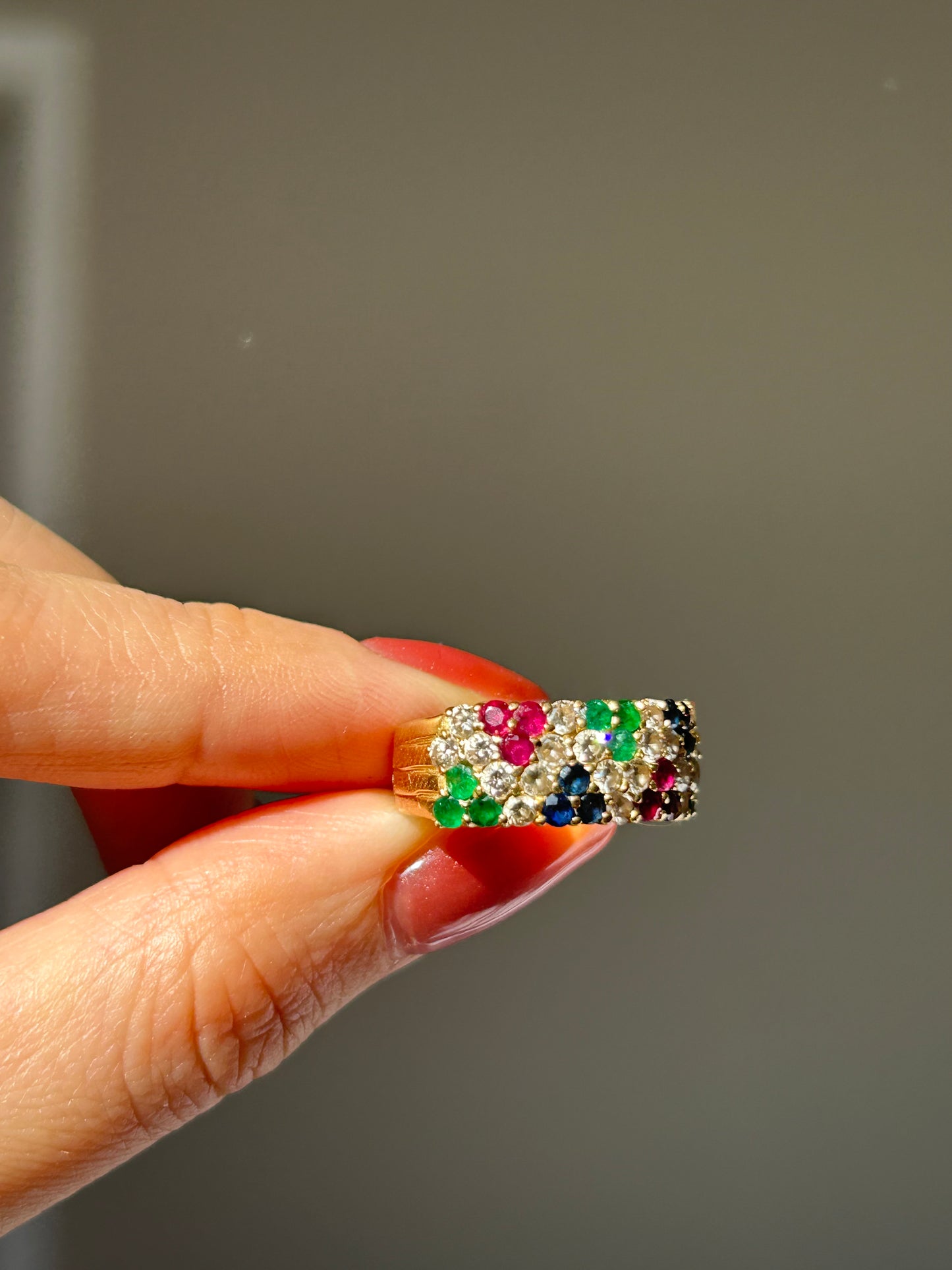 Vintage 18k Ruby Emerald Sapphire and Diamond Pave Ring