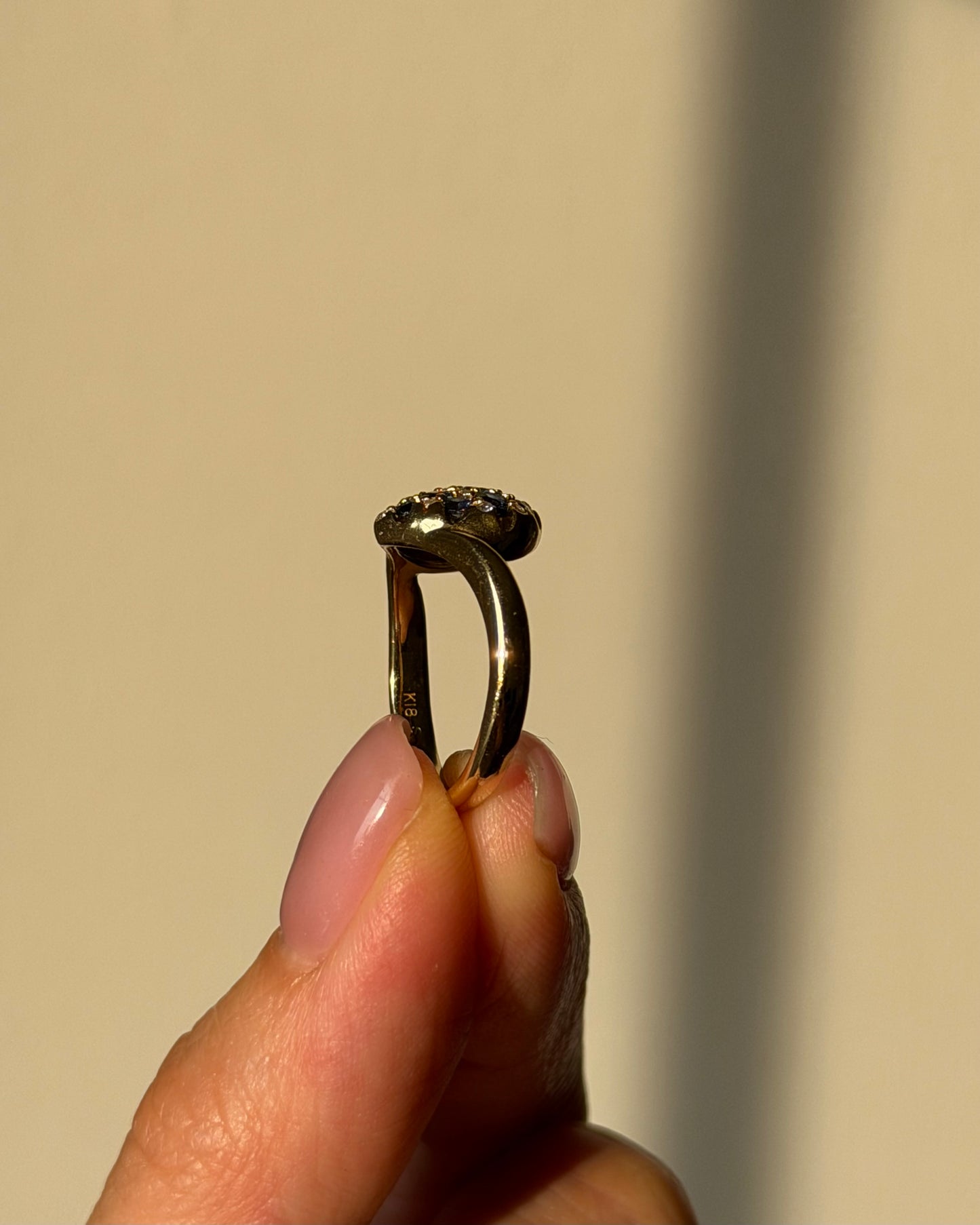 Vintage 18k Gold Blue Sapphire and Diamond Checkered Heart Ring