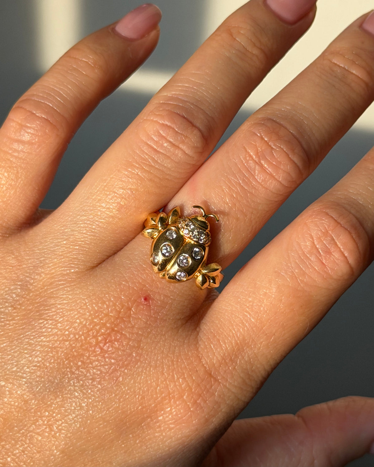 Vintage 18k Gold Flush Set Diamond Lady Bug Ring