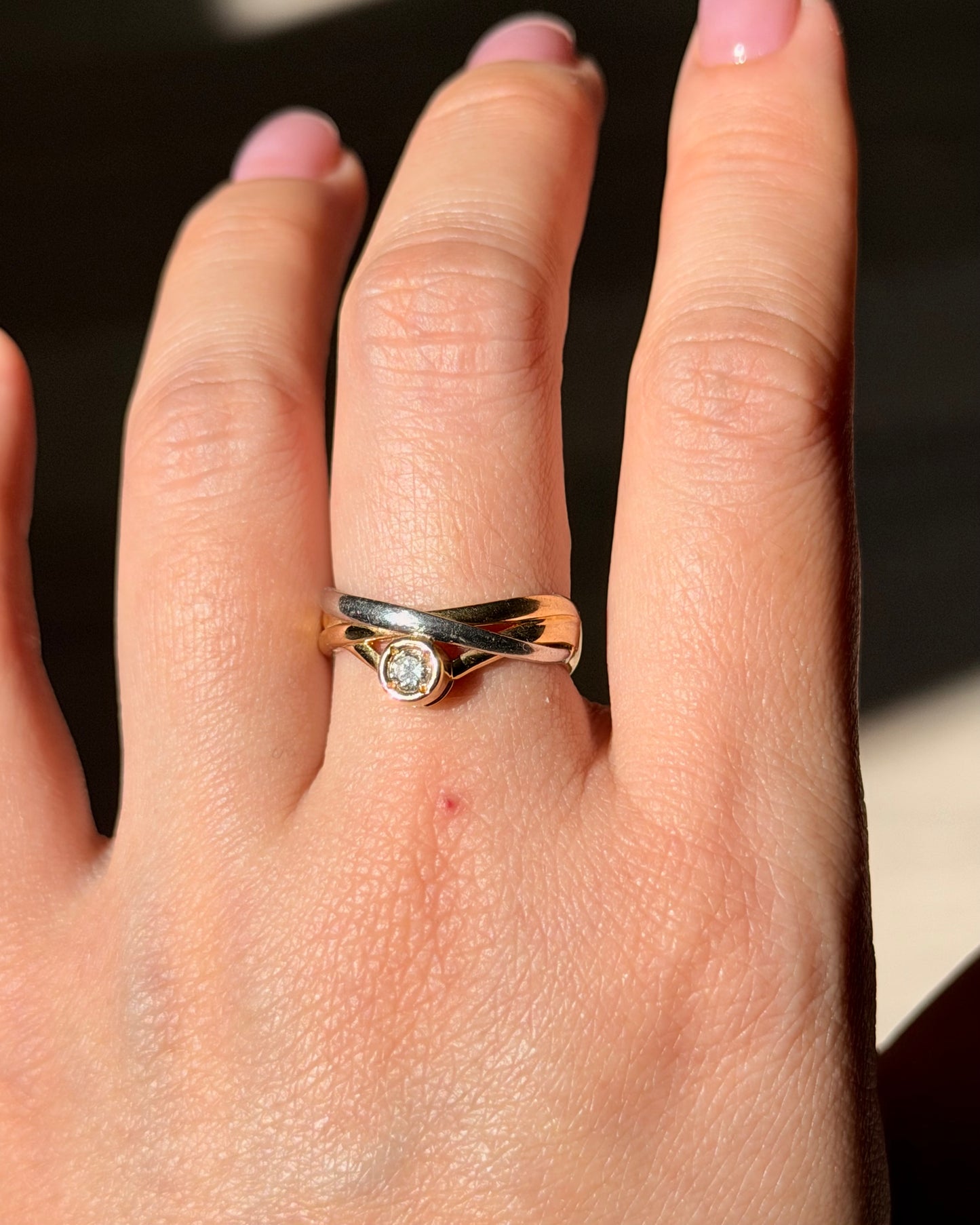 Vintage 18k Gold and Platinum Bezel Set Diamond Crossover Ring