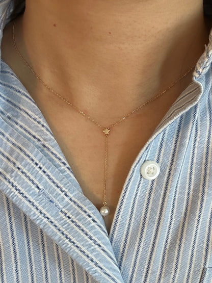 Elegant 10k Gold Pearl Lariat Necklace