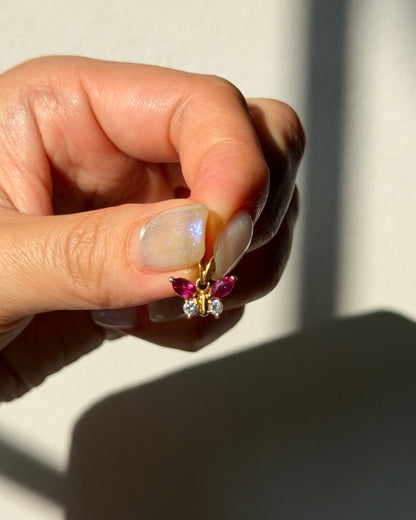 Dainty Vintage 18k Gold Ruby Marquise and Diamond Butterfly Motif Charm Pendant