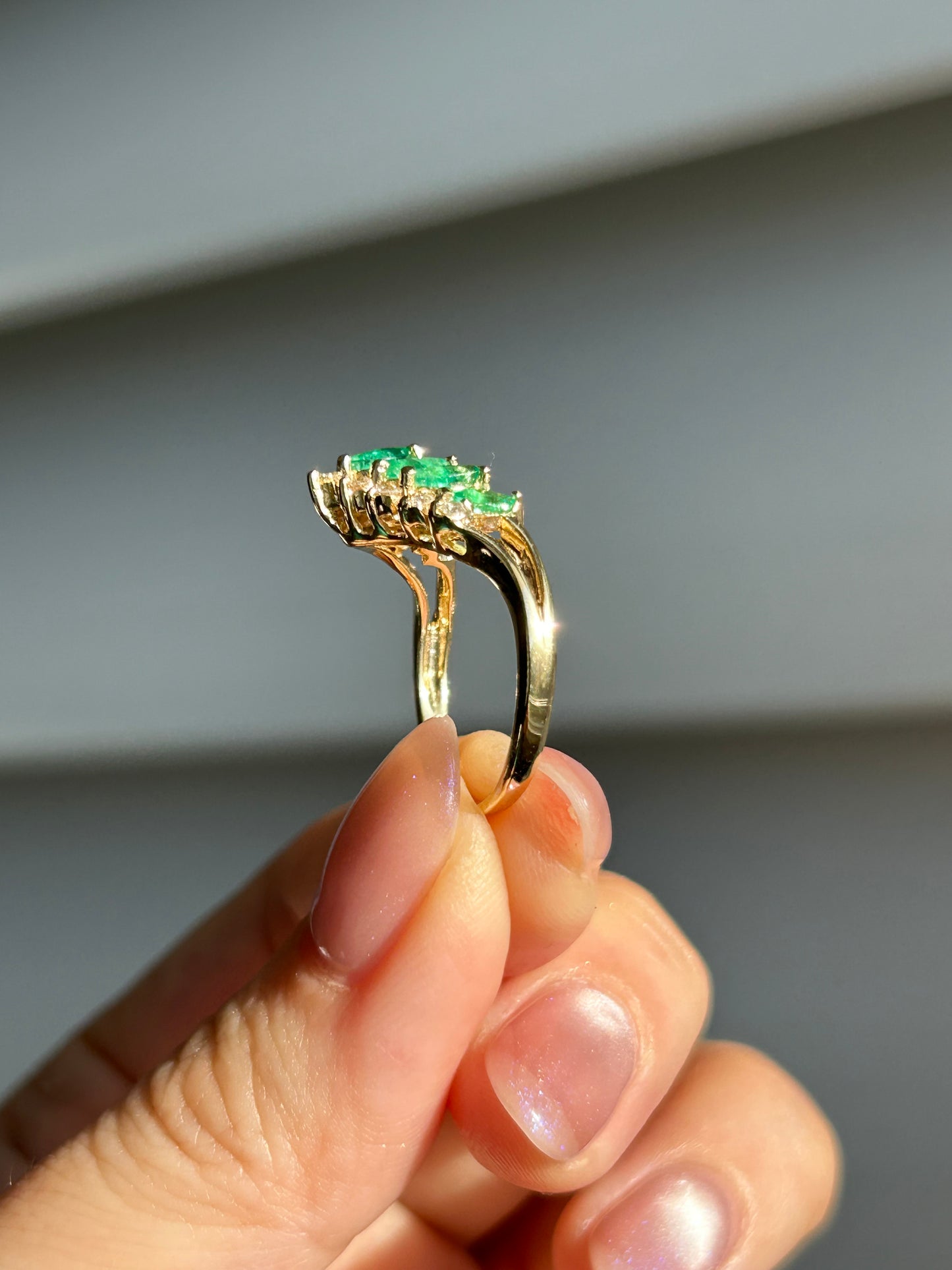 Vintage 18k Emerald Marquise and Diamond Chevron Ring: US Size 6