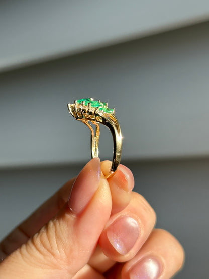 Vintage 18k Emerald Marquise and Diamond Chevron Ring: US Size 6