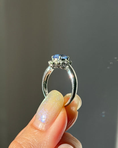 Vintage Platinum Icy Light Blue Oval Sapphire With Diamond Halo Ring